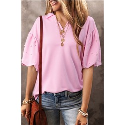 Pink Pearl Studded Puff Sleeve Collared Top