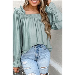 Green Ruffled Square Neck Cuffs Long Sleeve Blouse