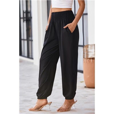 Black Smocked High Waist Joggers