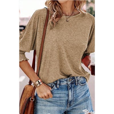 Khaki Smocked 3/4 Sleeve Casual Loose Top