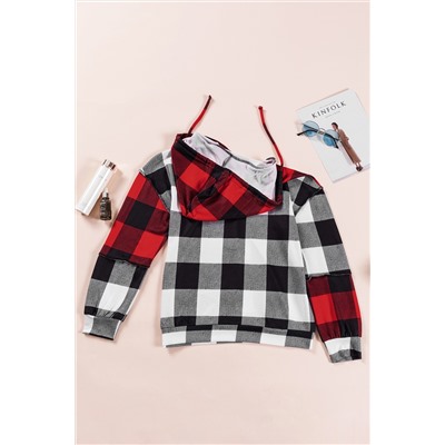 Multicolor Contrast Color Plaid Drawstring V Neck Hoodie