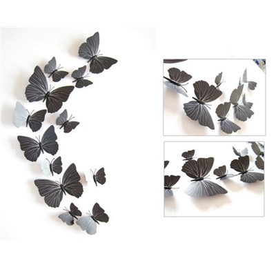 Набор декоративных 3D бабочек 12 шт (чёрные)