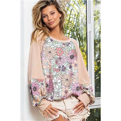 Oatmeal Corded Floral Patchwork Long Sleeve Top