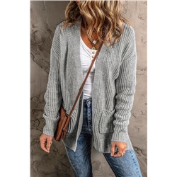 Gray Solid Color Textured Knit Pocket Open Front Cardigan