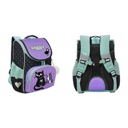Рюкзак школьный RAm-384-1/1 "Кот" черный - сиреневый 25х33х13 см + сумка для сменной обуви GRIZZLY