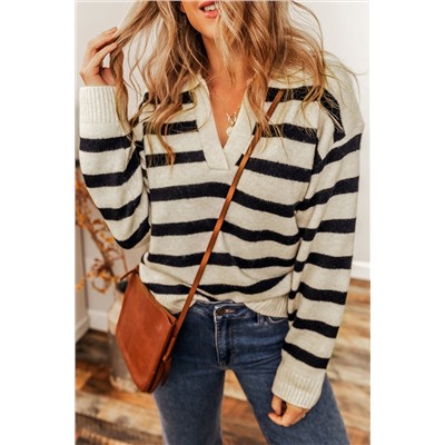 Apricot Striped Knit Drop Shoulder Collared V Neck Sweater