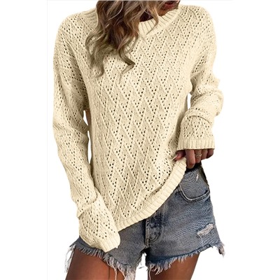 Beige Eyelet Knit Ribbed Trim Sweater