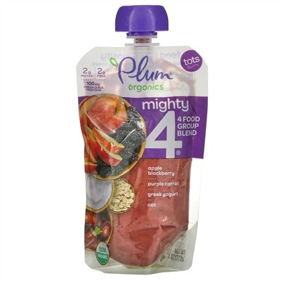 Plum Organics, Mighty 4,4 Food Group Blend, смесь для малышей, яблоко, ежевика, пурпурная морковь, греческий йогурт, овес, 113 г (4 унции)