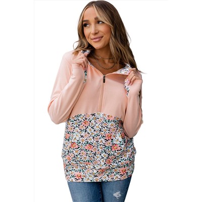 Pink Floral Patch Half Zip Kangaroo Pocket Hoodie