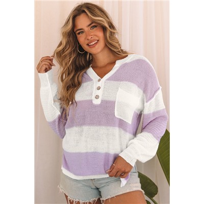 Pink Striped Knit Button Ribbed Split Neck Sweater