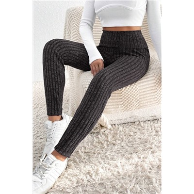 Dark Grey Wide Waistband Ribbed Textured Knit Leggings