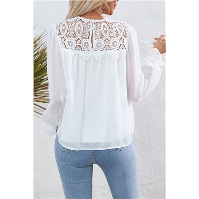 White Lace Patch Sheer Flounce Sleeve Blouse