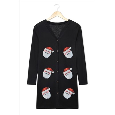 Black Sequined Santa Claus Button Up Cardigan