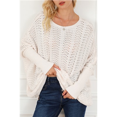 Beige Ribbed Hollow Knit Dolman Sleeve Sweater