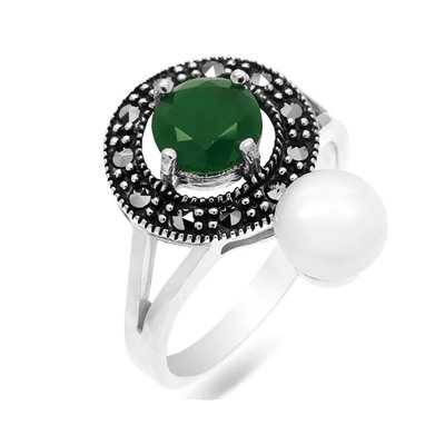 Кольцо из серебра жемчуг, зеленый агат, марказит, SL-AGA1593