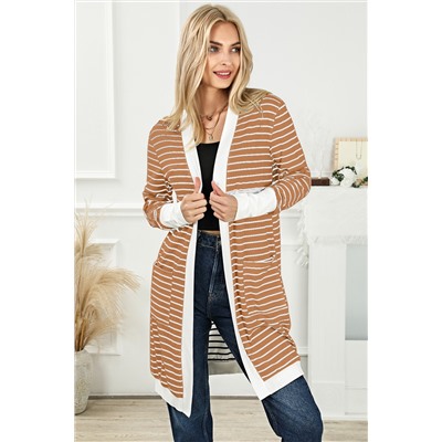 Brown Striped Side Pockets Open Front Cardigan