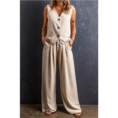 Apricot Elastic Waist Pleated Wide Leg Pants