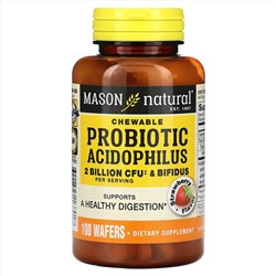 Mason Natural, Жевательные пробиотики ацидофильные и бифидобактерии, клубника, 2 млрд КОЕ, 100 вафель