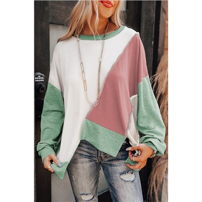 Colorblock Stitching Irregular Hem Long Sleeve Top