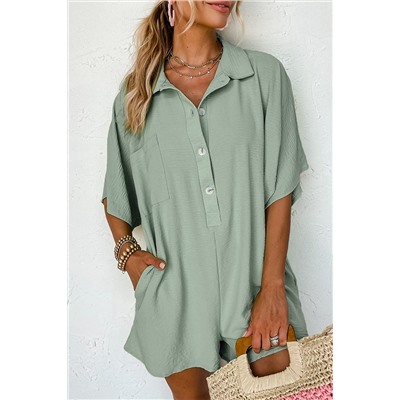 Spinach Green Half Button Collared Loose Romper