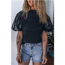 Black Faux Leather Puff Short Sleeve Mock Neck Top