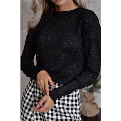 Black Glitter Round Neck Long Sleeve Top