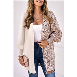 Khaki Leopard Patchwork Smocked Cuffs Open Front Cardigans