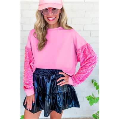 Pink Sequin Patchwork Long Sleeve Pullover Top