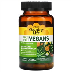 Country Life, Max for Vegans, мультивитаминный и минеральный комплекс, 120 веганских капсул