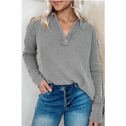 Gray V Neck Collared  Retro Waffle Long Sleeve Top