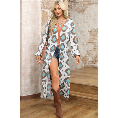 White Western Aztec Print Duster Open Front Top