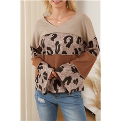 Leopard Colorblock Patchwork V-Neck Loose Sleeve Knit Top