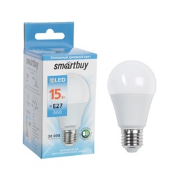 Лампа светодиодная Smartbuy, Е27, А60, 15 Вт, 6000 К, холодный белый свет