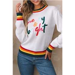 White Merry & Bright Colorful Stripes Trim Sweater