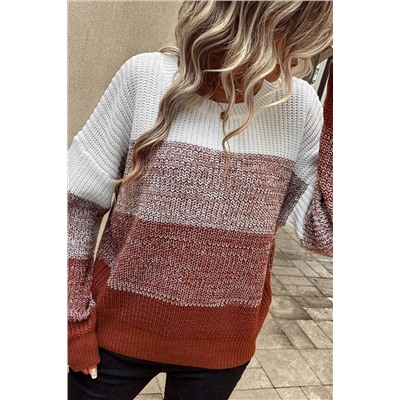 Brown Color Block Drop Shoulder Ribbed Trim Sweater