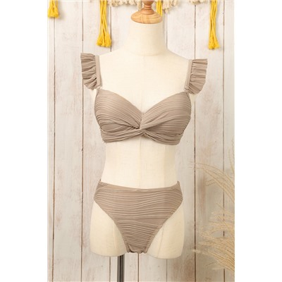 Pale Khaki Wavy Textured Ruffled Straps Twist Bikini Swimsuit