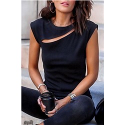 Black Slash Cutout Cap Sleeve T Shirt