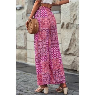 Purple Boho Patchwork Print Drawstring Wide Leg Pants