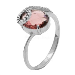 Кольцо из серебра с пл.кварцем цв.розовый и фианитами родированное