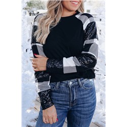 Black Sequin Plaid Patchwork Raglan Sleeve Top