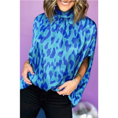 Blue Animal Printed Mock Neck Detail Caftan Top