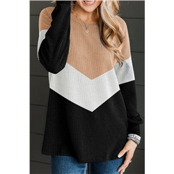 Black Color Block Corded Texture Long Sleeve Top