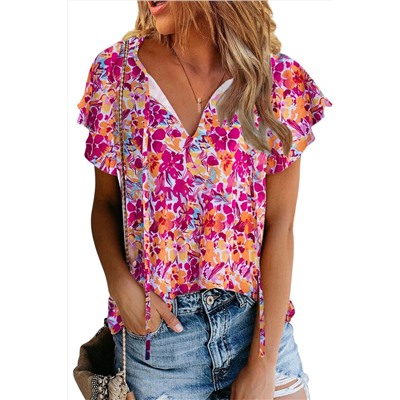 Red Flutter Sleeves Floral Print Top