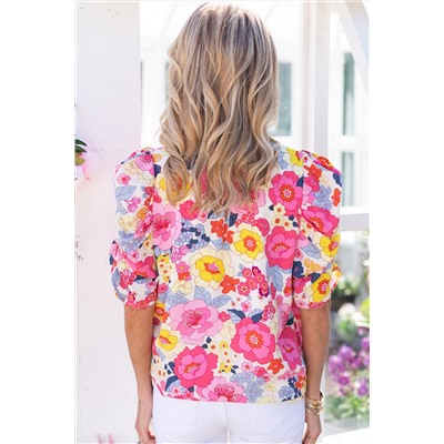 Ruched Puff Sleeve Floral Blouse
