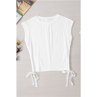 White Side Drawstring Short Sleeve Crew Neck Top