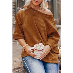 Gold Flame Ribbed Knit Three Quarter Sleeve T Shirt