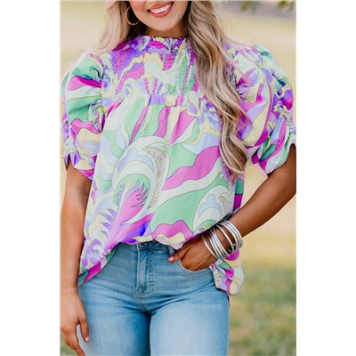 Green Abstract Print Bubble Sleeve Smock Detail Blouse