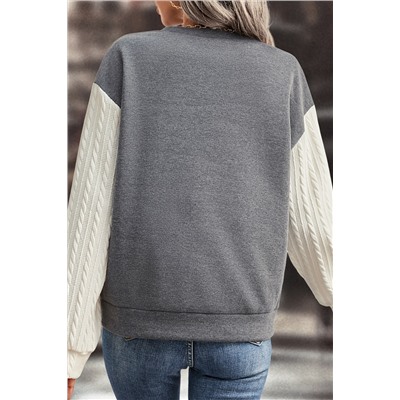 Dark Grey Cable Knit Sleeves Crew Neck Sweatshirt