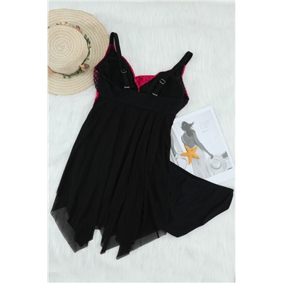 Черный купальник-платье с лифом в розовый горошек и асимметричным низом