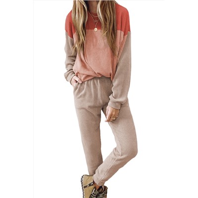 Fiery Red Corded 2pcs Colorblock Pullover and Pants Outfit